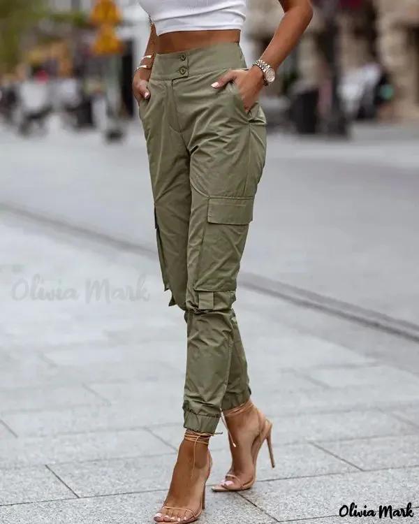 Olivia Mark – High waisted cargo pants with pocket and button(Pre-order) Product Image