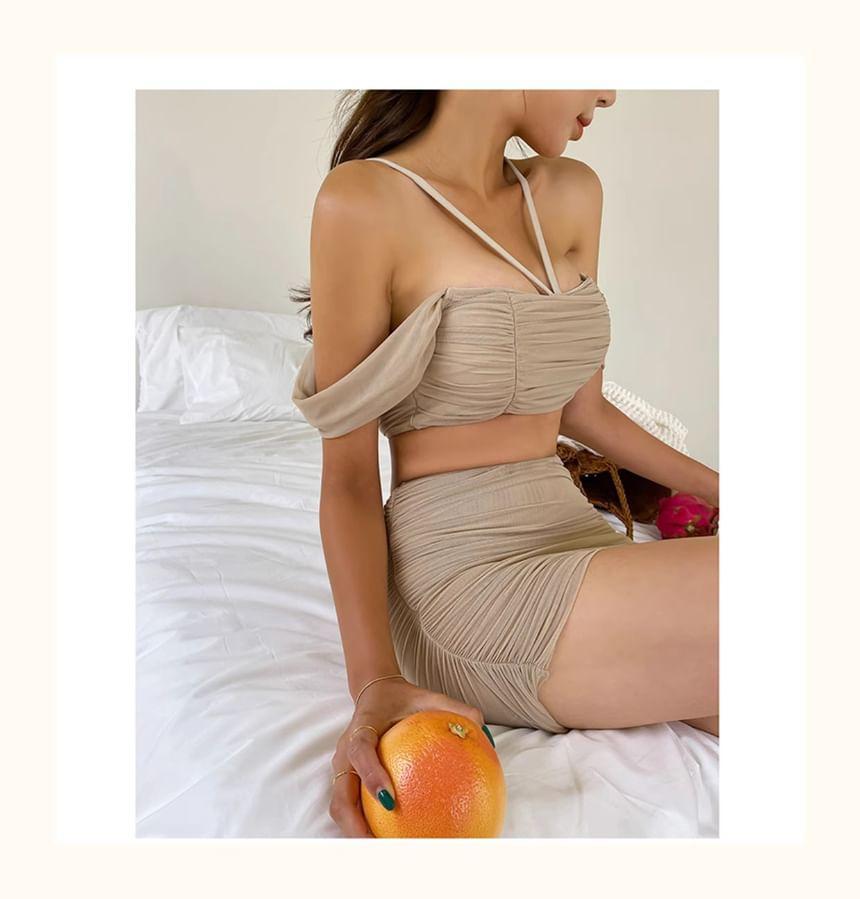 Set: Halter Neck Off-Shoulder Plain Ruched Swim Top + Swim Skirt Product Image