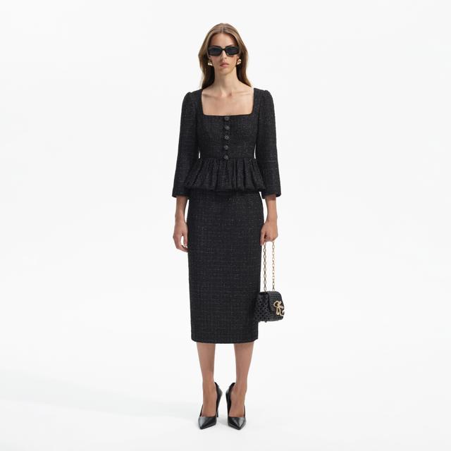 Black Boucle Peplum Midi Dress Product Image