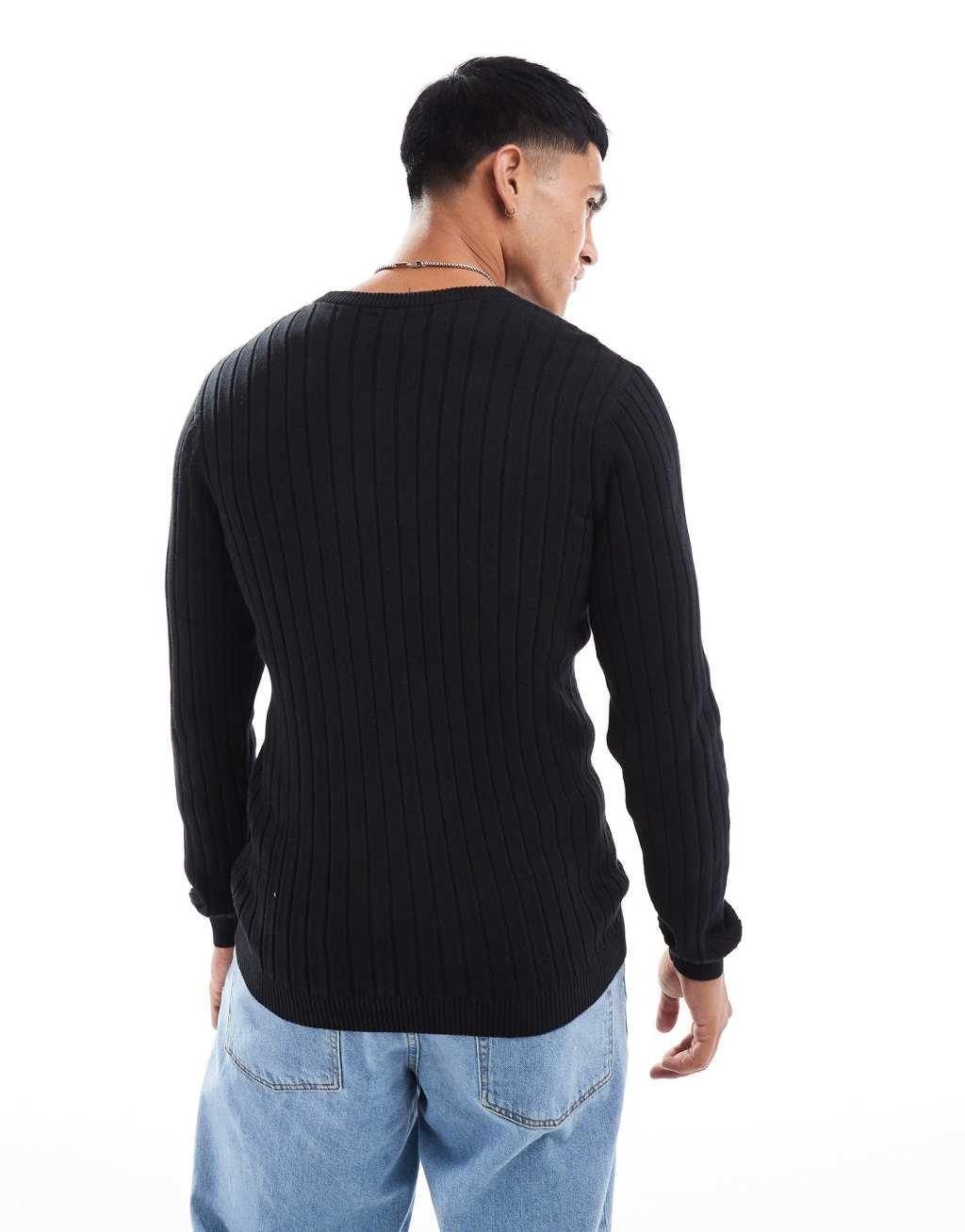 ASOS DESIGN essential muscle fit knitted rib sweater in black Product Image