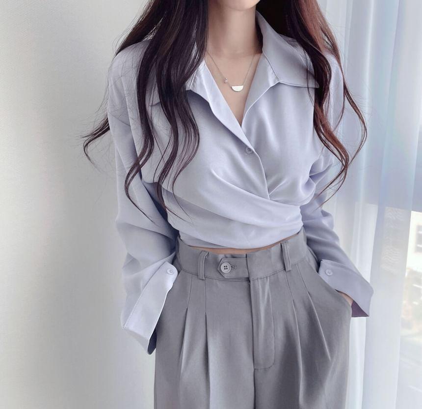 Long-Sleeve Plain Button-Up Wrap Crop Shirt Product Image