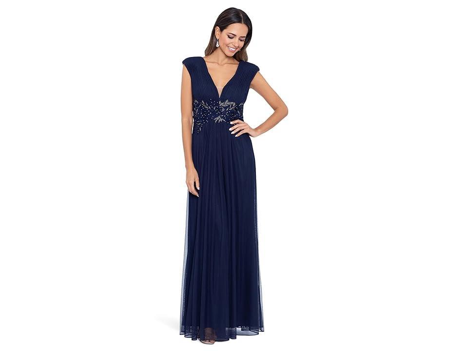 Betsy & Adam Long Chiffon Deep V Dress with Applique (Navy/Navy/Gold) Women's Dress product image