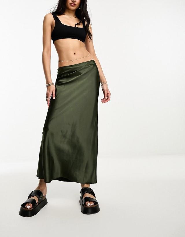 River Island satin slip maxi skirt in khaki Product Image