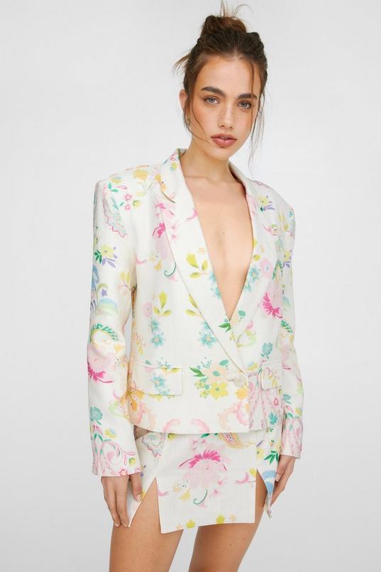 Premium Floral Linen Mid Length Blazer Product Image