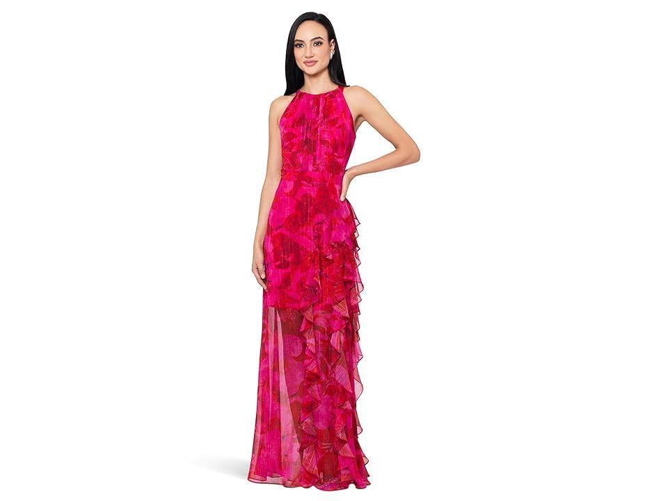 Betsy & Adam Long HMC Printed Ruffle (Fushia/Poppy) Women's Dress Product Image