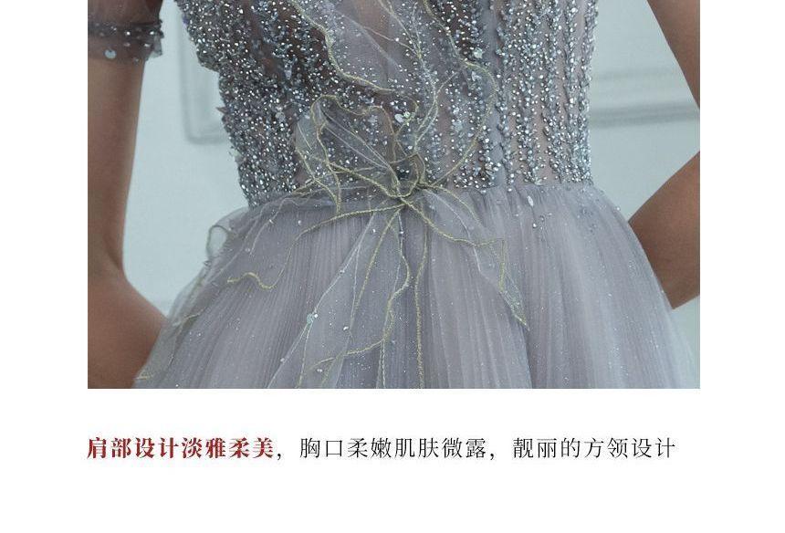 Short-Sleeve Sequined Mesh A-Line Evening Gown Product Image