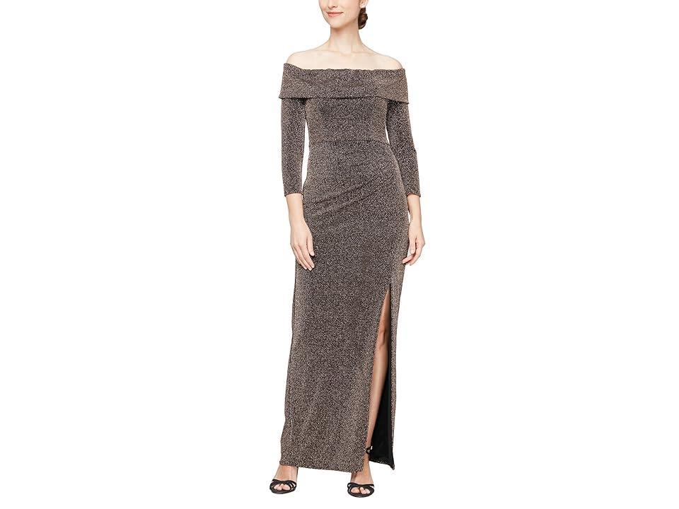 Alex Evenings Metallic Off the Shoulder Knit Sheath Gown Product Image