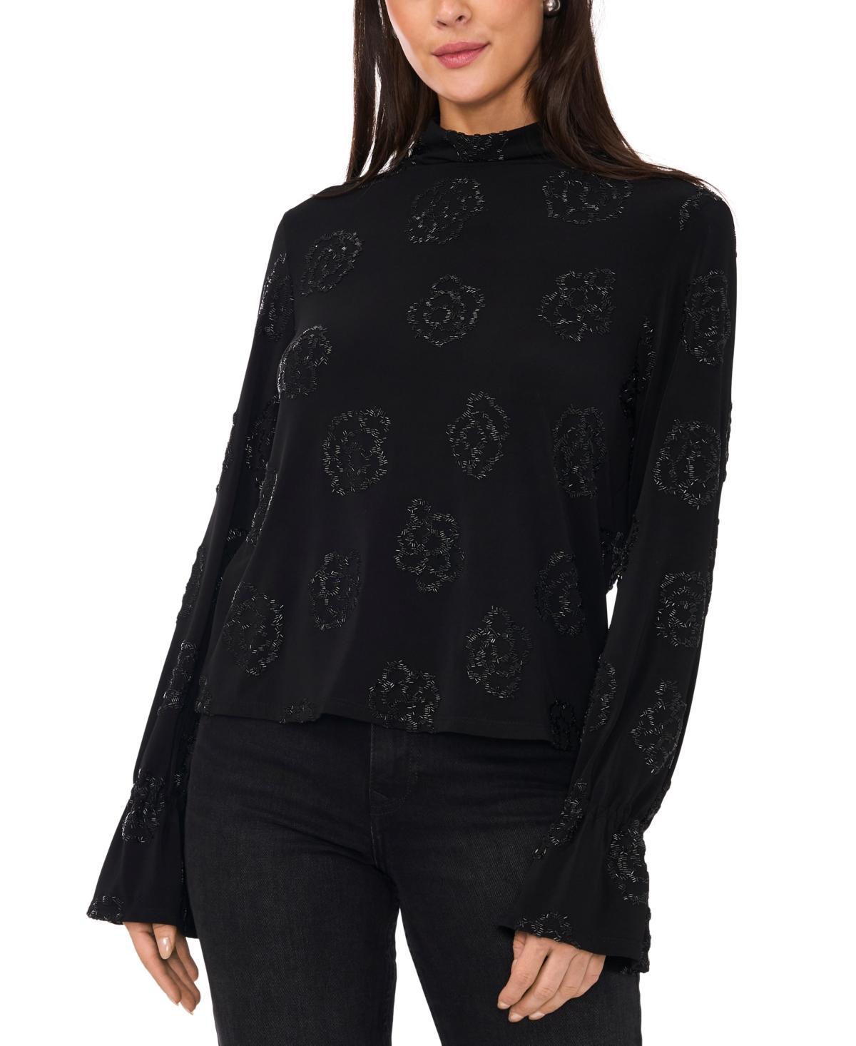 1.state Womens Beaded Draped Mock Neck Blouse Product Image