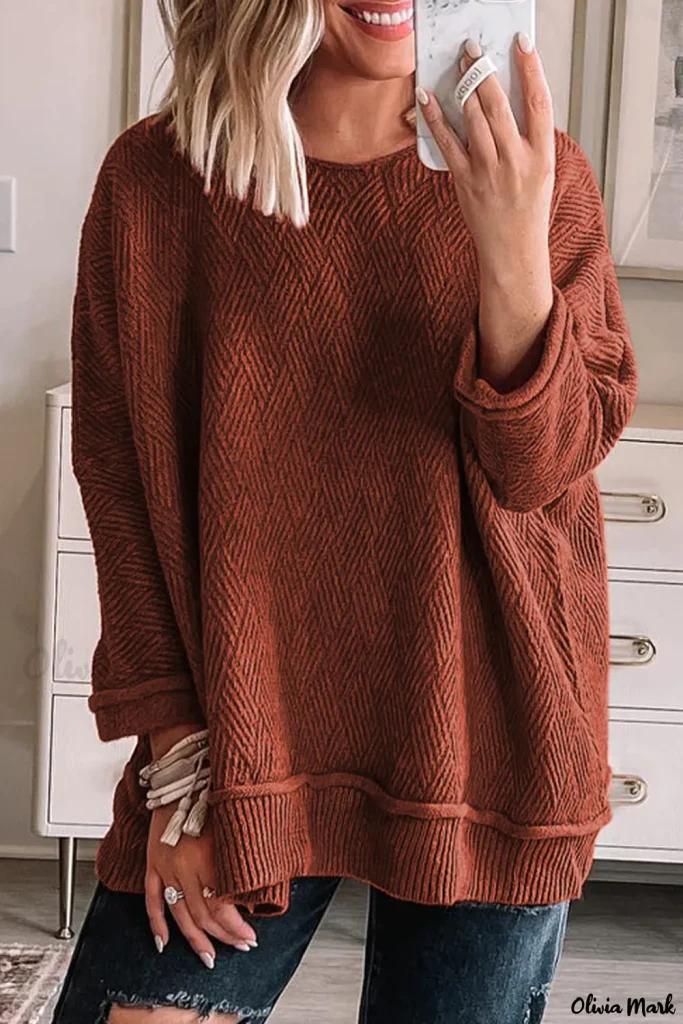 Olivia Mark – Premium Gold Flame Textured Crew Neck Loose Sweater with Solid Color Design Product Image