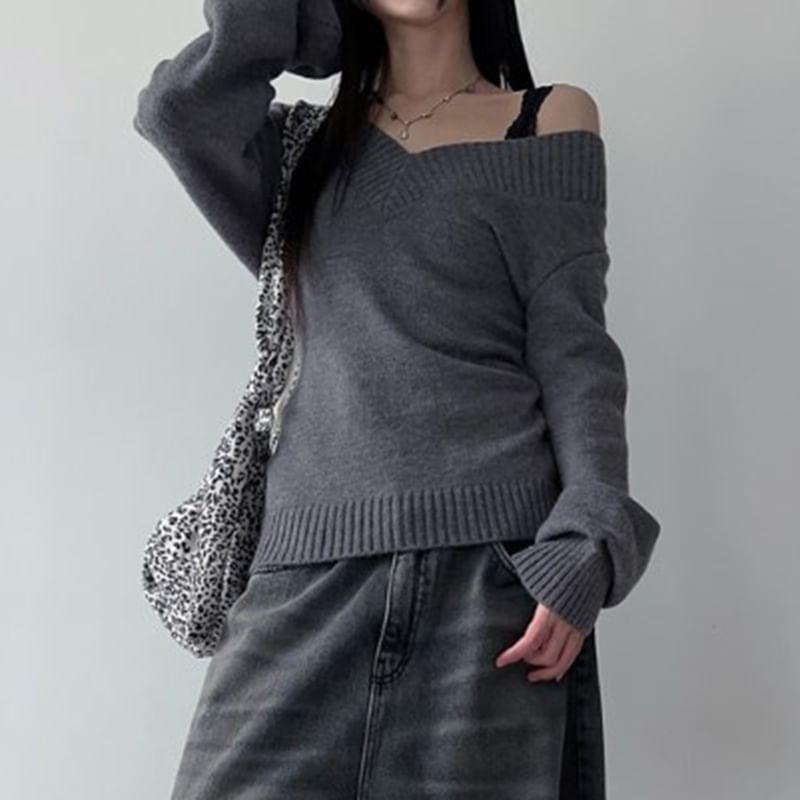 Off-Shoulder Plain Sweater Product Image