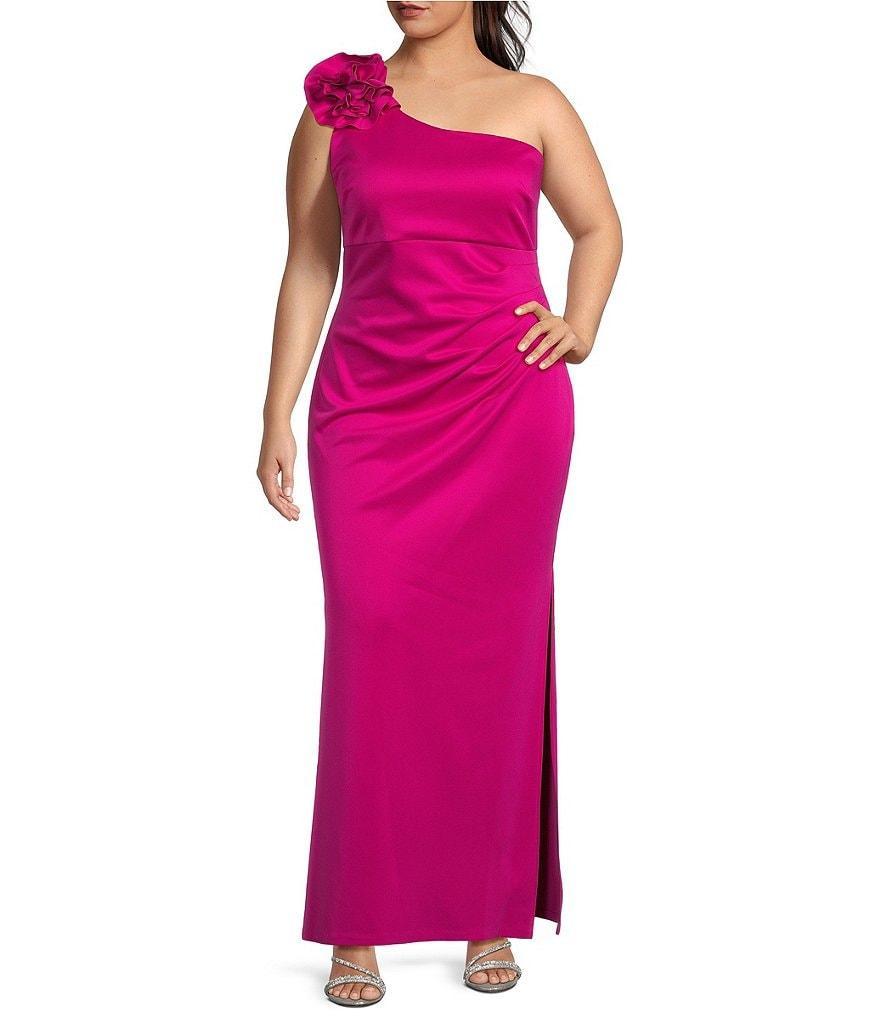 Ignite Evenings Plus Size Scuba One Shoulder Flower Detail Sleeveless Ruched Waist Gown product image