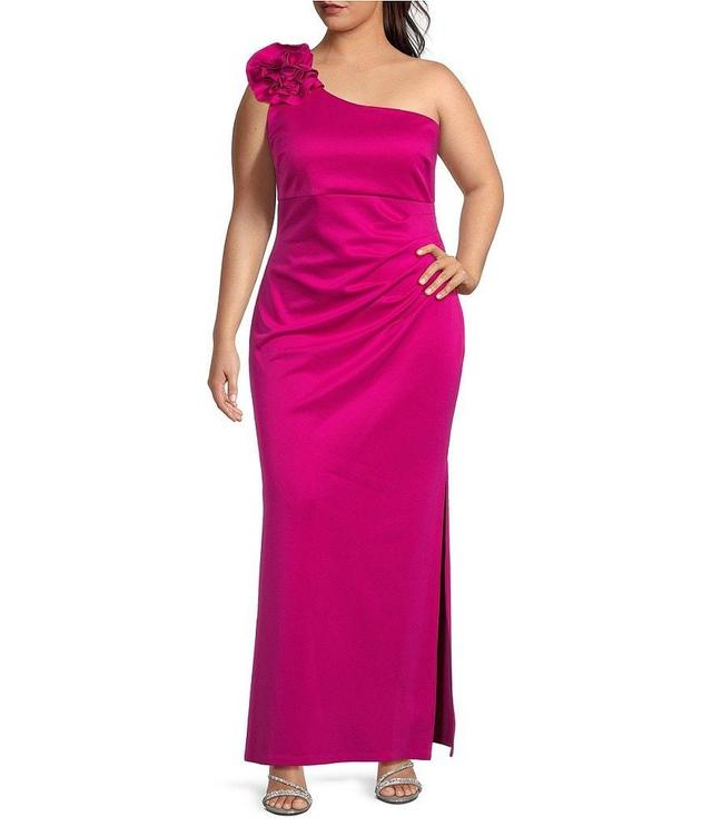 Ignite Evenings Plus Size Scuba One Shoulder Flower Detail Sleeveless Ruched Waist Gown Product Image