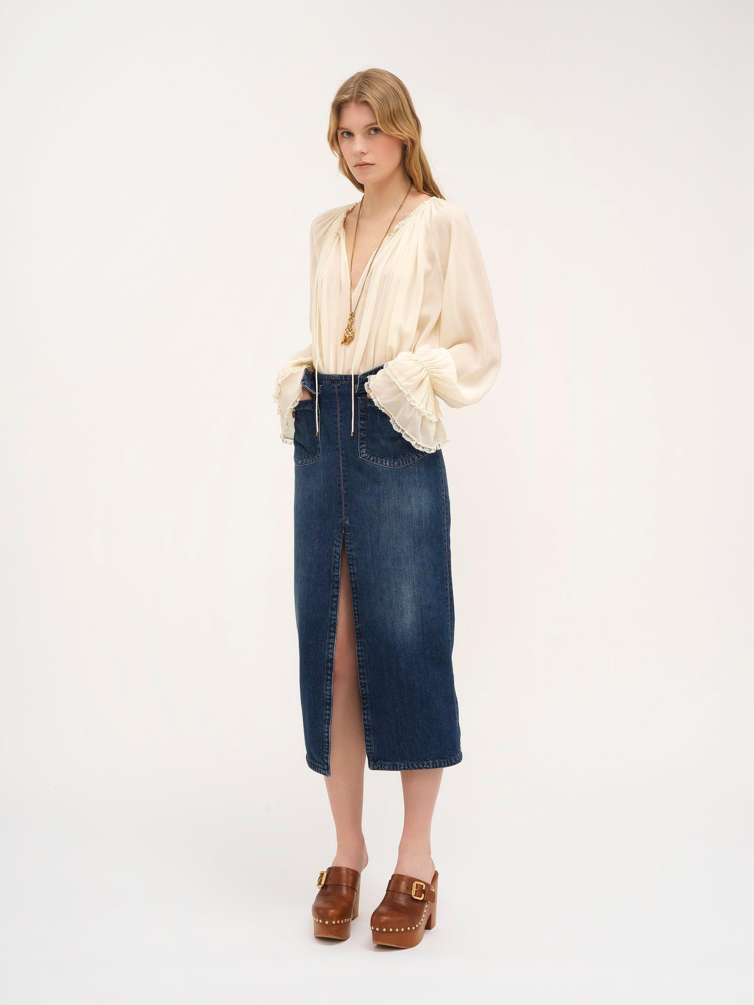 Front-slit midi skirt in denim Product Image