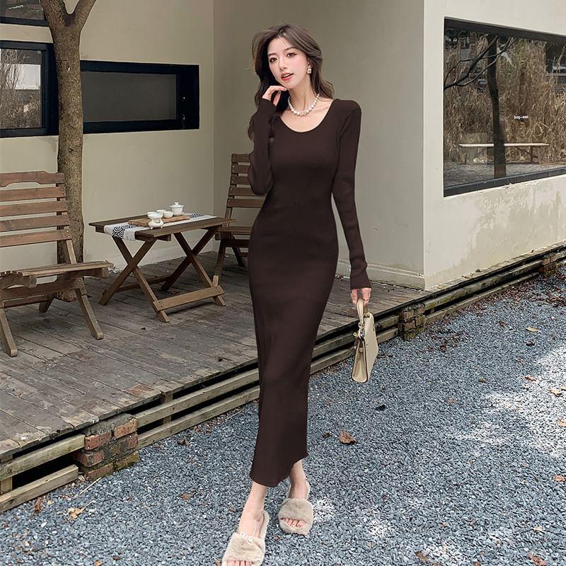 Long Sleeve Round Neck Plain Knit Maxi Sheath Dress Product Image