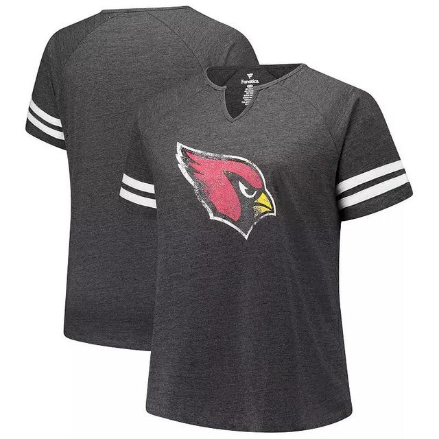 Womens Fanatics Charcoal Arizona Cardinals Plus Size Logo Striped Raglan Notch Neck T-Shirt Product Image