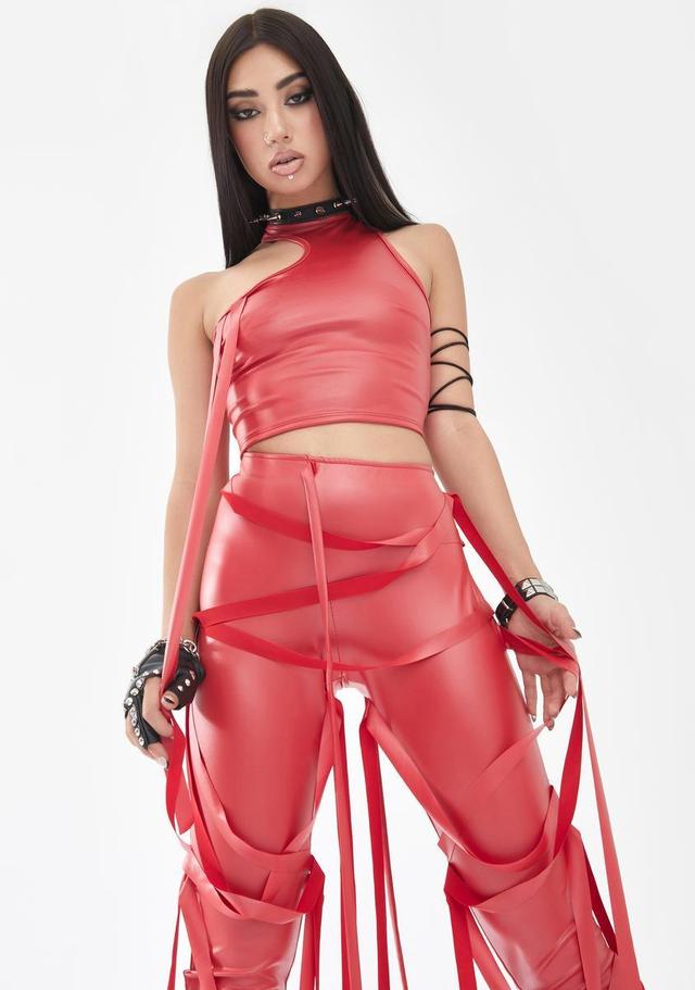 PU Faux Leather Halter Neck Crop Top And Strappy High Waist Pants Set - Red Product Image