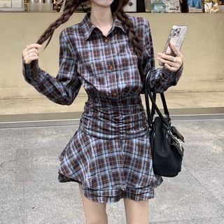 Long-Sleeve Collared Plaid Ruched Layered Half-Buttoned Mini A-Line Dress product image