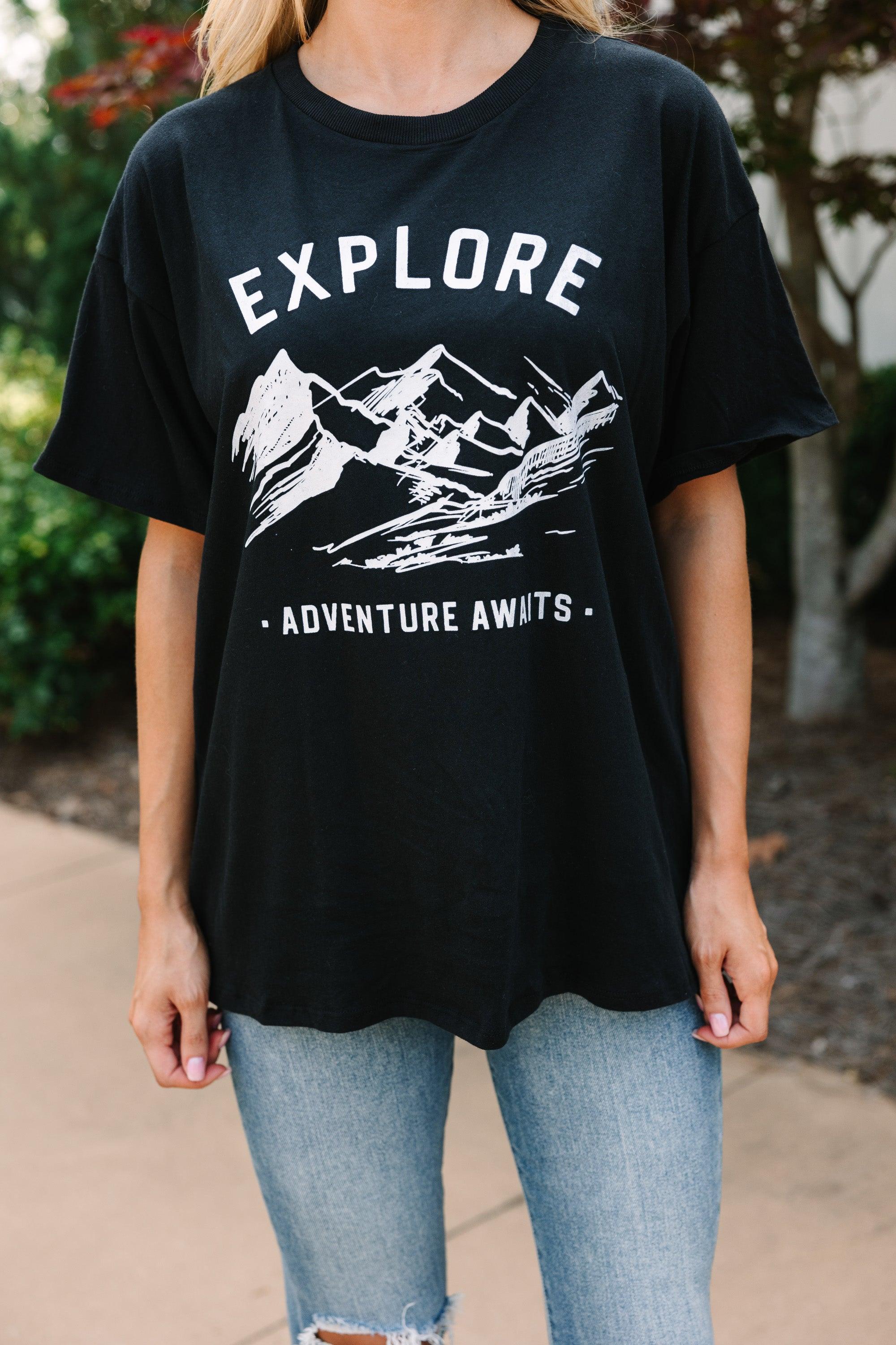 Adventures Are Waiting Black Graphic Tee Female Product Image