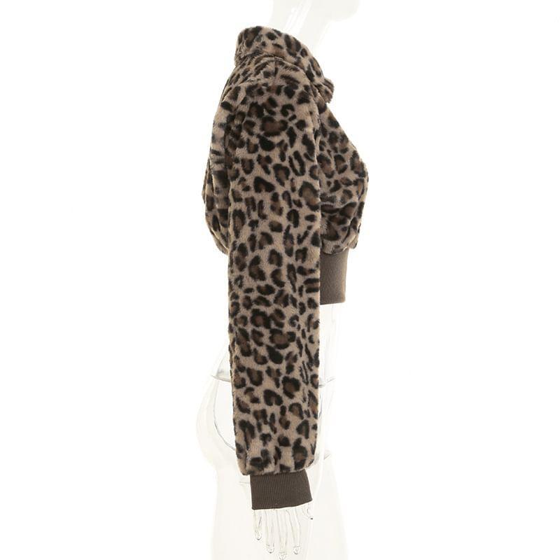 High Neck Leopard Print Zip-Up Crop Jacket Product Image