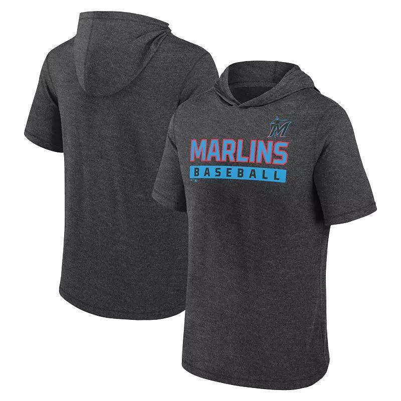 Mens Fanatics Heather Charcoal Miami Marlins Push Short Sleeve Pullover Hoodie Product Image