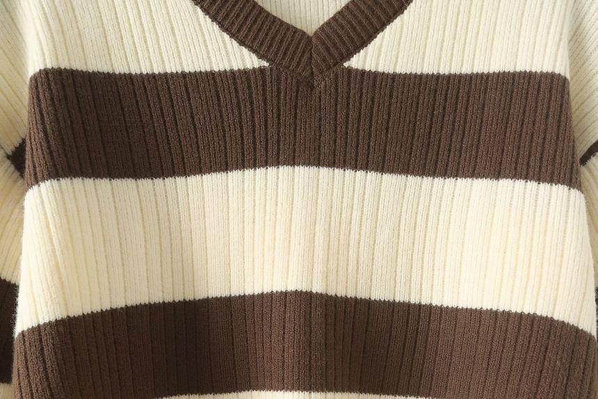 V-Neck Striped Drawstring Ribbed Sweater Product Image