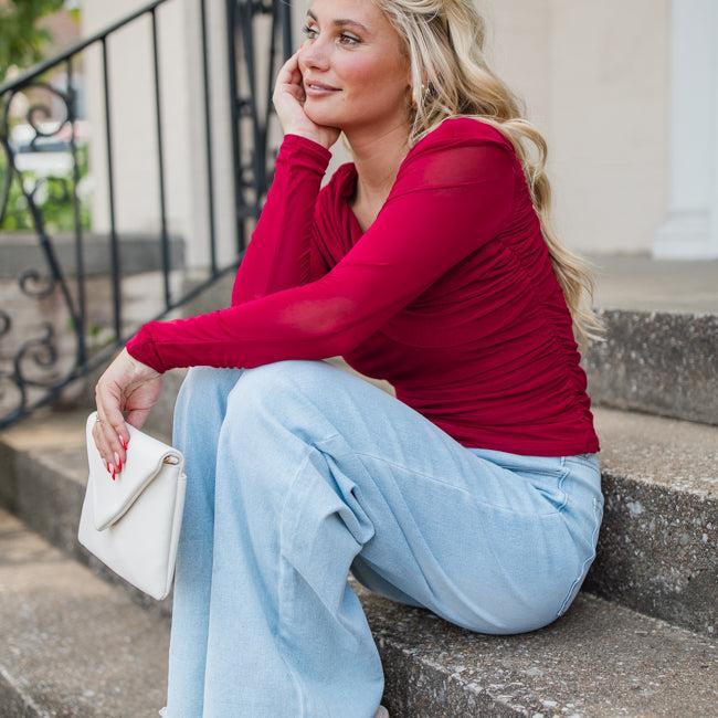 Forever Happy Red Mesh Overlay Off The Shoulder Top Product Image