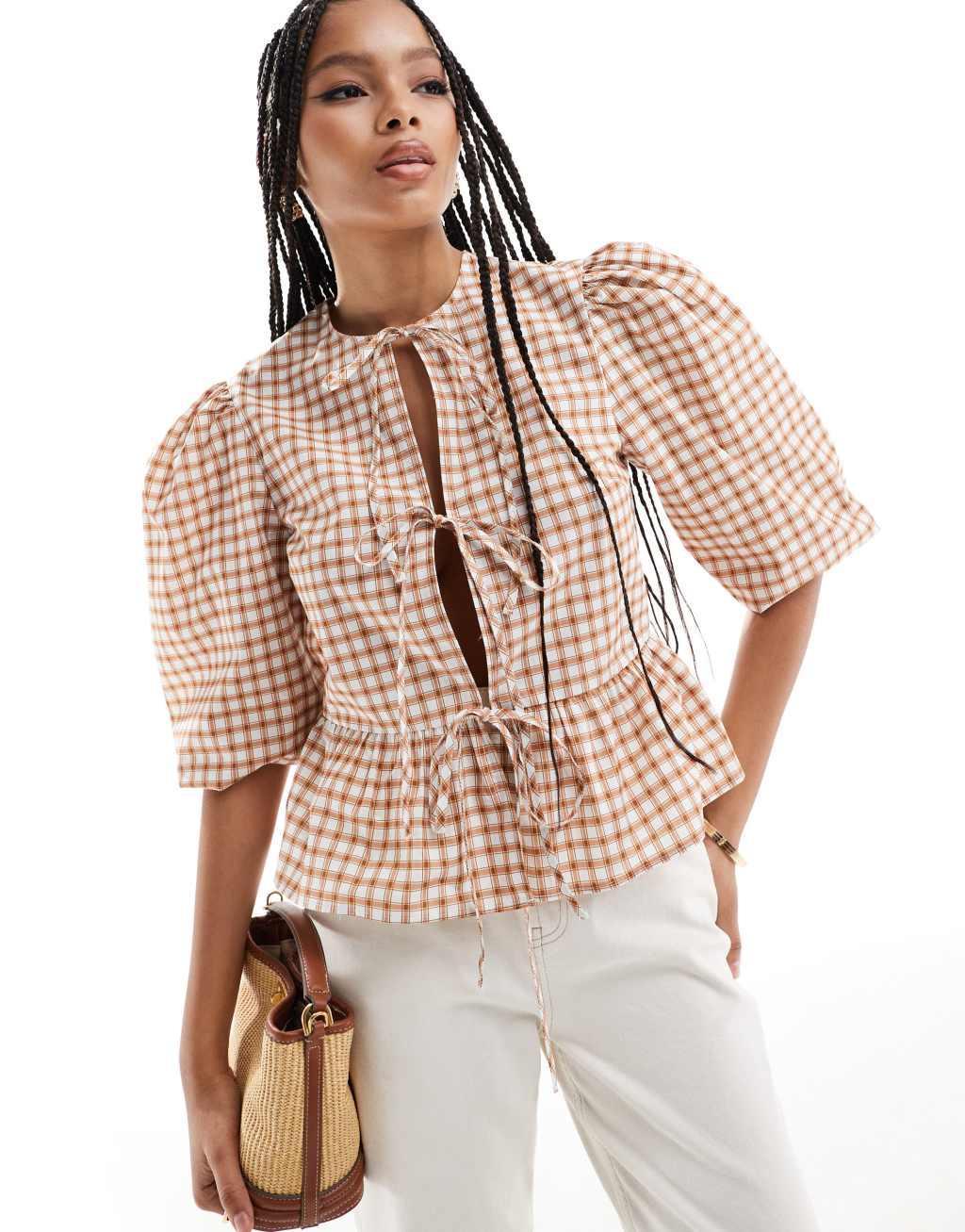 ASOS DESIGN cotton poplin peplum tie shirt top in brown check Product Image