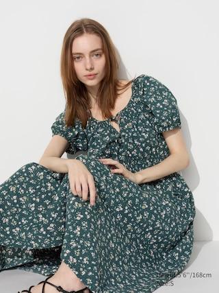 Womens Volume Sleeve Dress Printed Green Small UNIQLO US Product Image