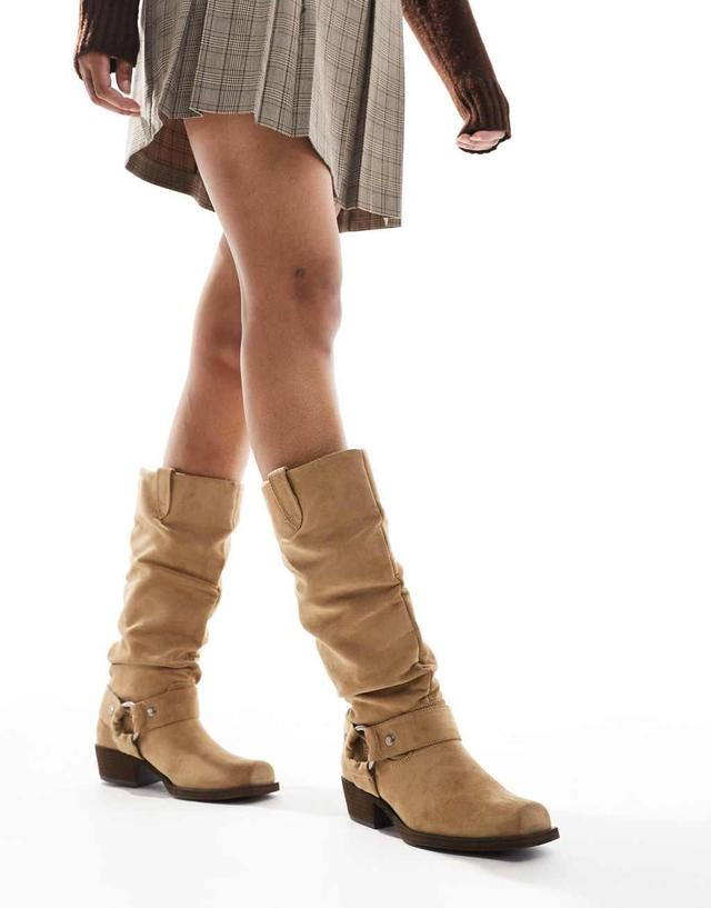 Bershka faux suede calf length boots in brown Product Image