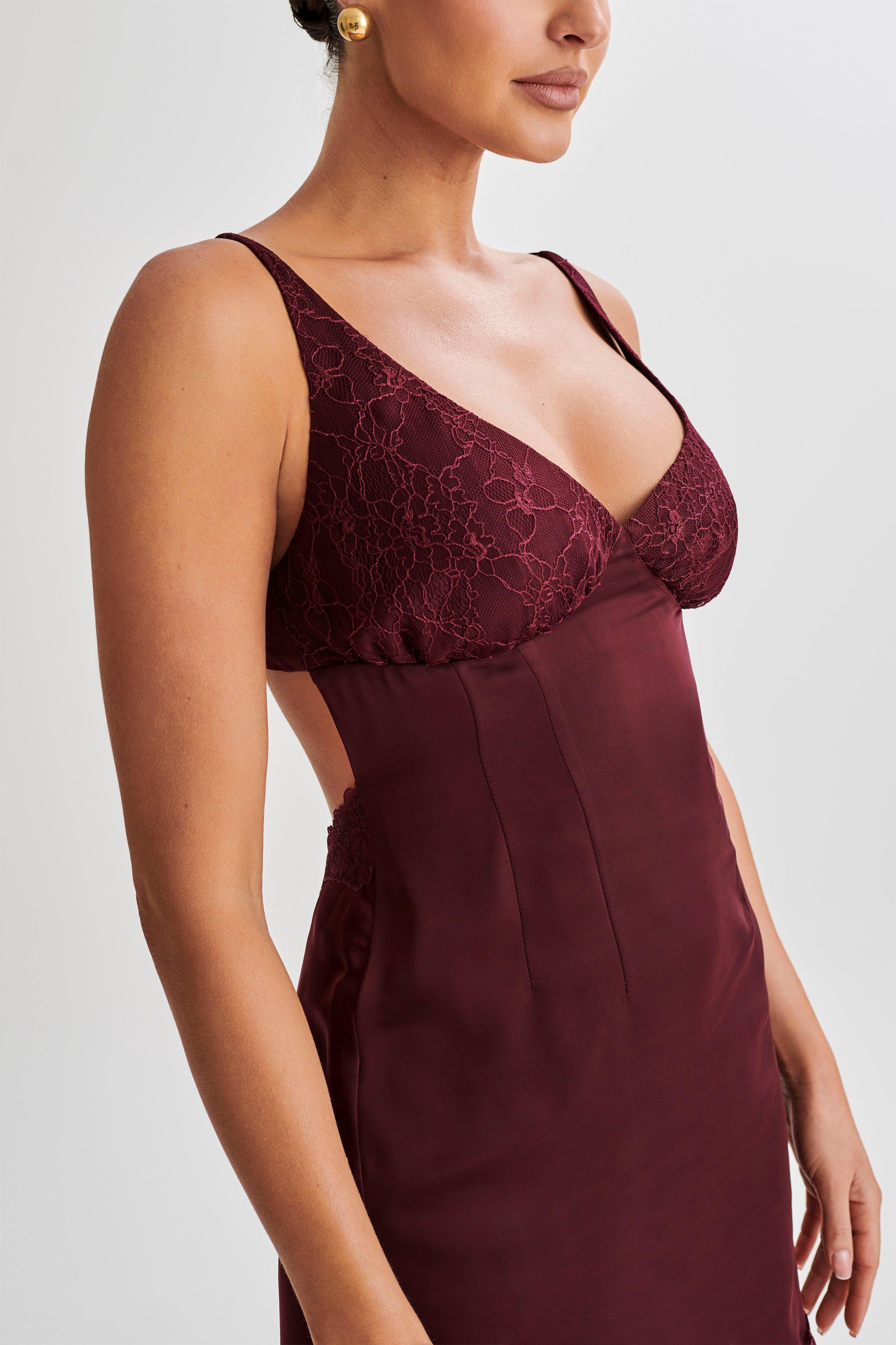 Alondra Satin Mini Dress With Lace - Plum Product Image