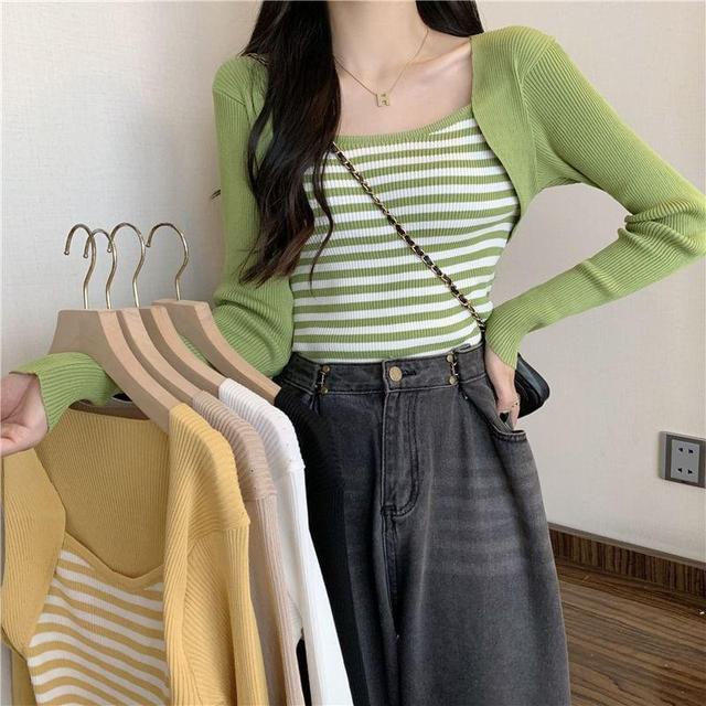 Square Neck Striped Panel Cropped Sweater Product Image