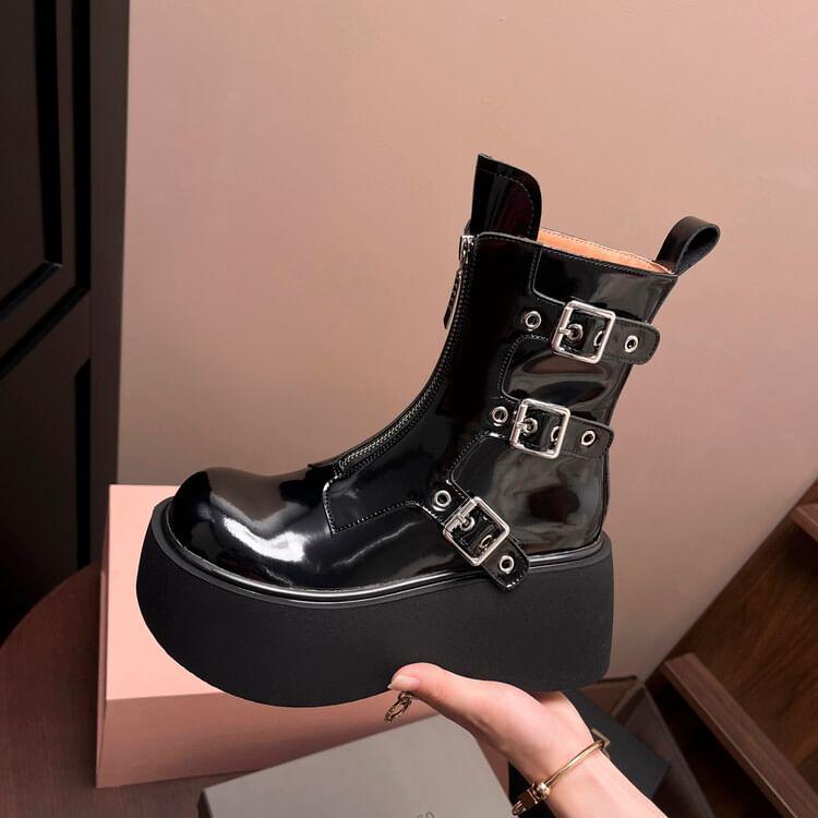 Platform Plain Buckled Short Boots Product Image