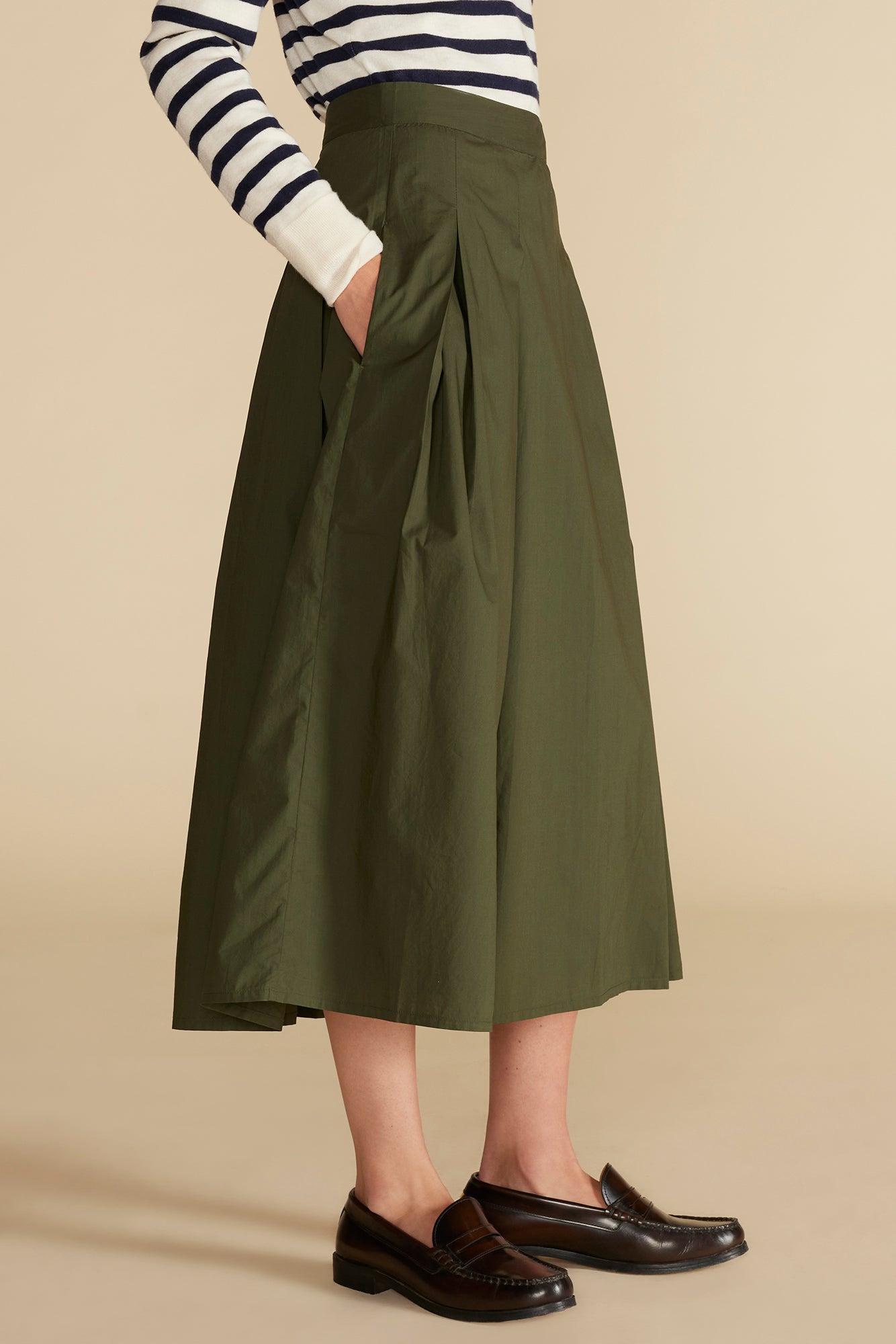 Roselle Pleated Poplin Skirt - Olive Green Product Image