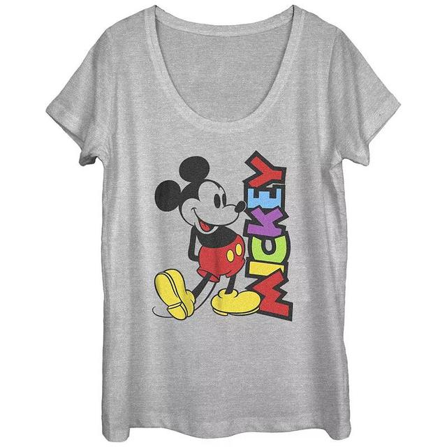 Disneys Mickey Mouse Bright Colors Name Scoop Neck Juniors Graphic Tee, Womens Athletic Grey Product Image