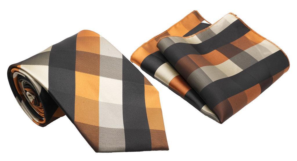 Black White Copper Buffalo Check Pattern Men's Classic Tie and Pocket Square Set Product Image