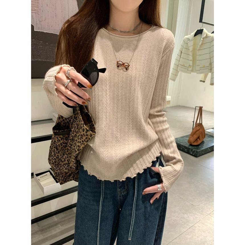 Long Sleeve Round Neck Plain Frill Knit Top Product Image