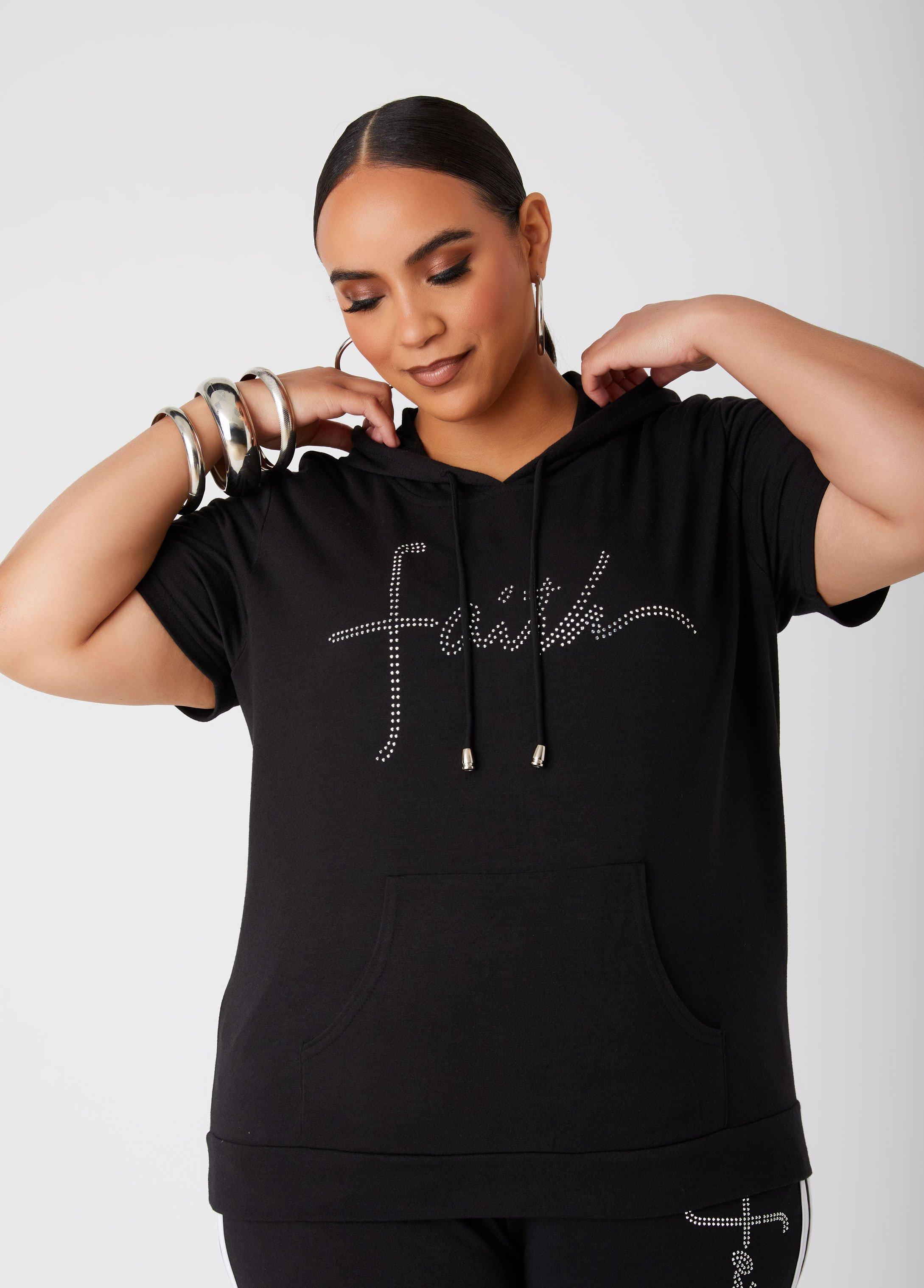 Plus Size Faith Crystal Embellished Hoodie, - Ashley Stewart Product Image