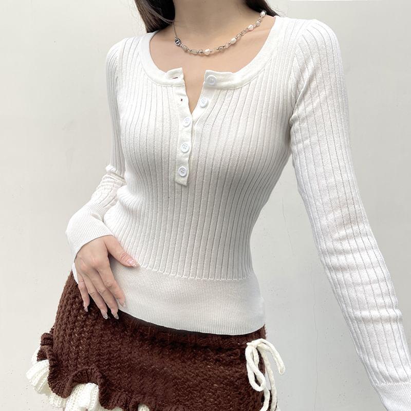 Long Sleeve Henley Neck Plain Ribbed Knit Crop Top Product Image