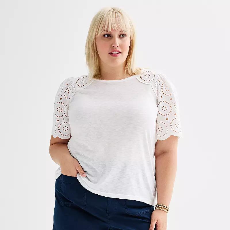 Plus Size Chelsea & Theodore Scoop Neck Short Eyelet Sleeve Top, Womens Product Image