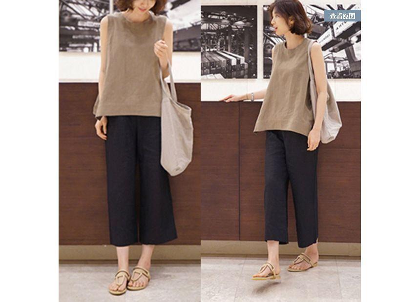 Elastic Waist Plain Linen Crop Wide Leg Pants Product Image