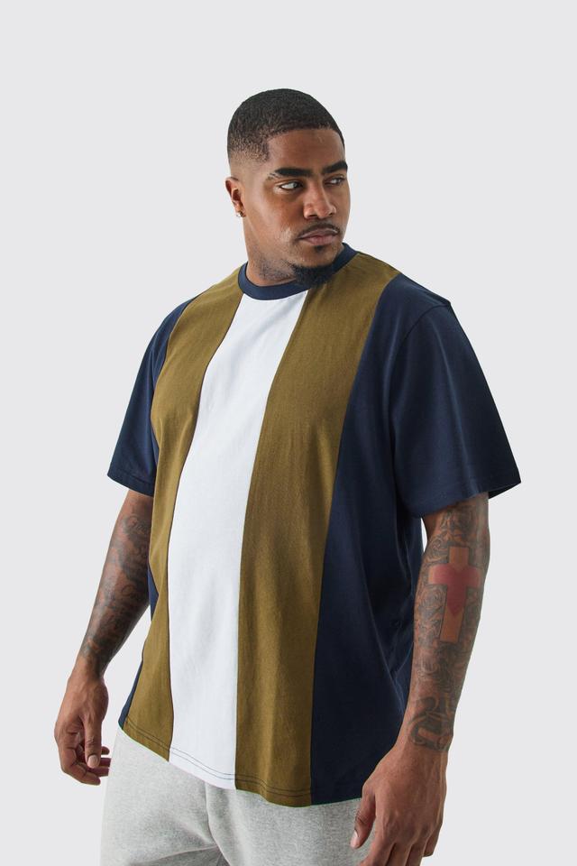 Plus Vertical Colour Block T-shirt In Navy | boohooMAN USA Product Image