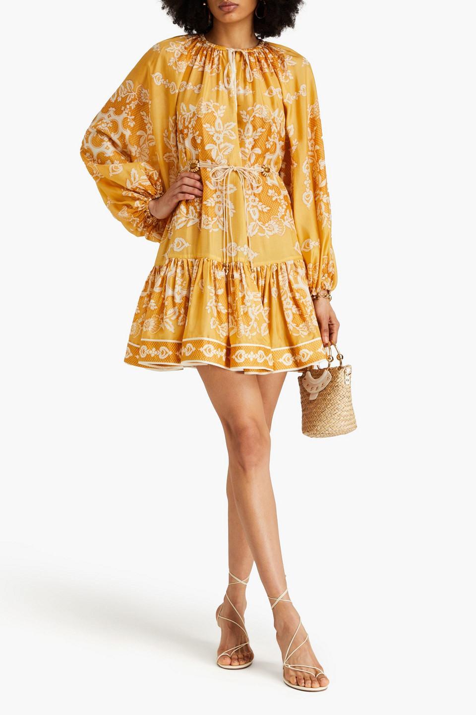 Gathered Printed Silk-twill Mini Dress In Saffron Product Image