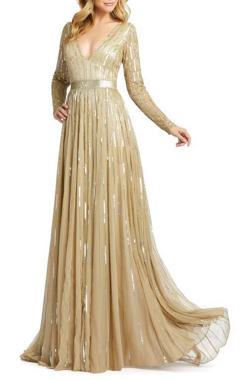 Mac Duggal Womens Sequined V Neck Illusion Sleeve A Line Gown Product Image