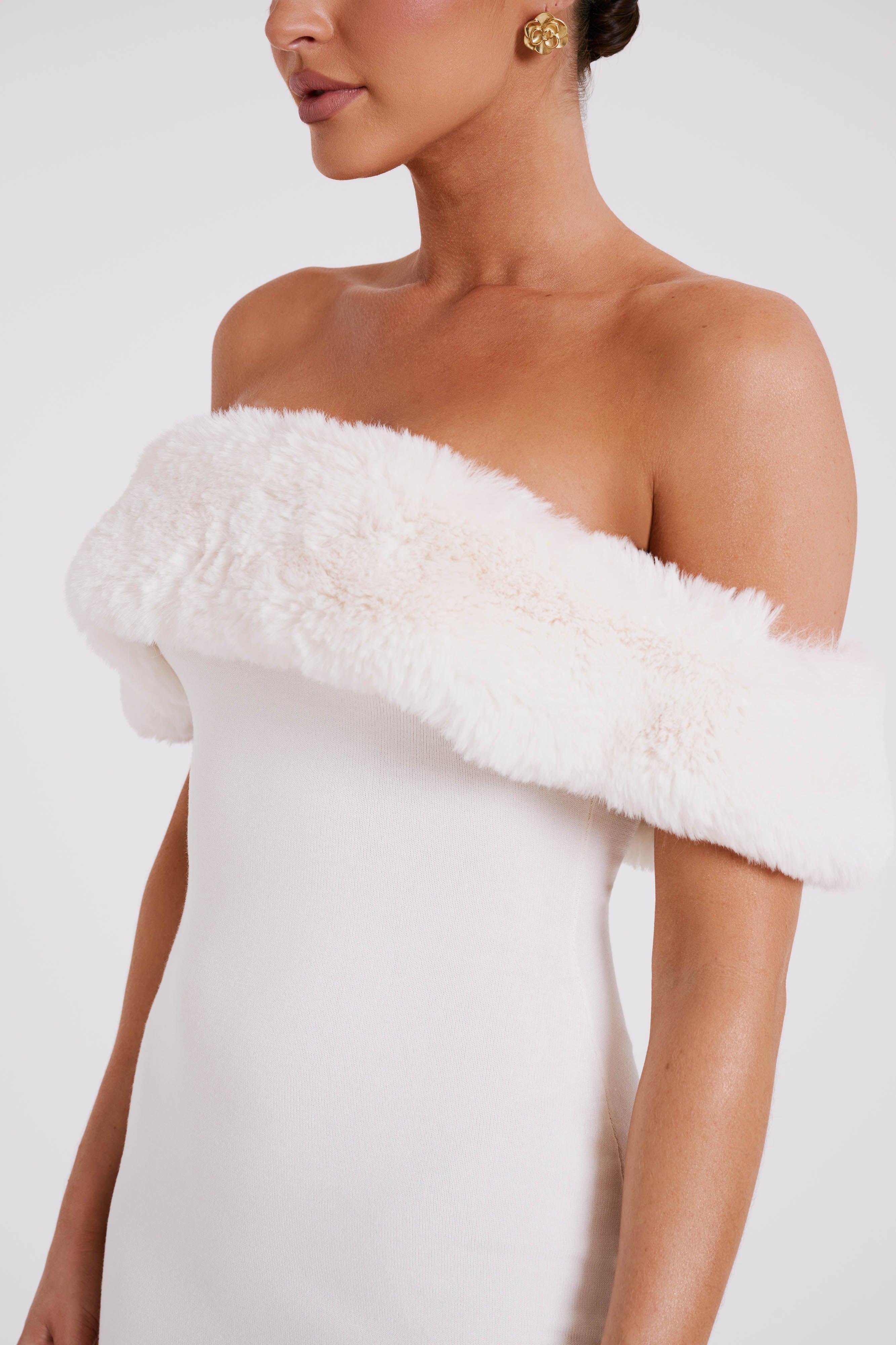 Angelica Off Shoulder Knit Midi Dress With Faux Fur - Ivory Product Image