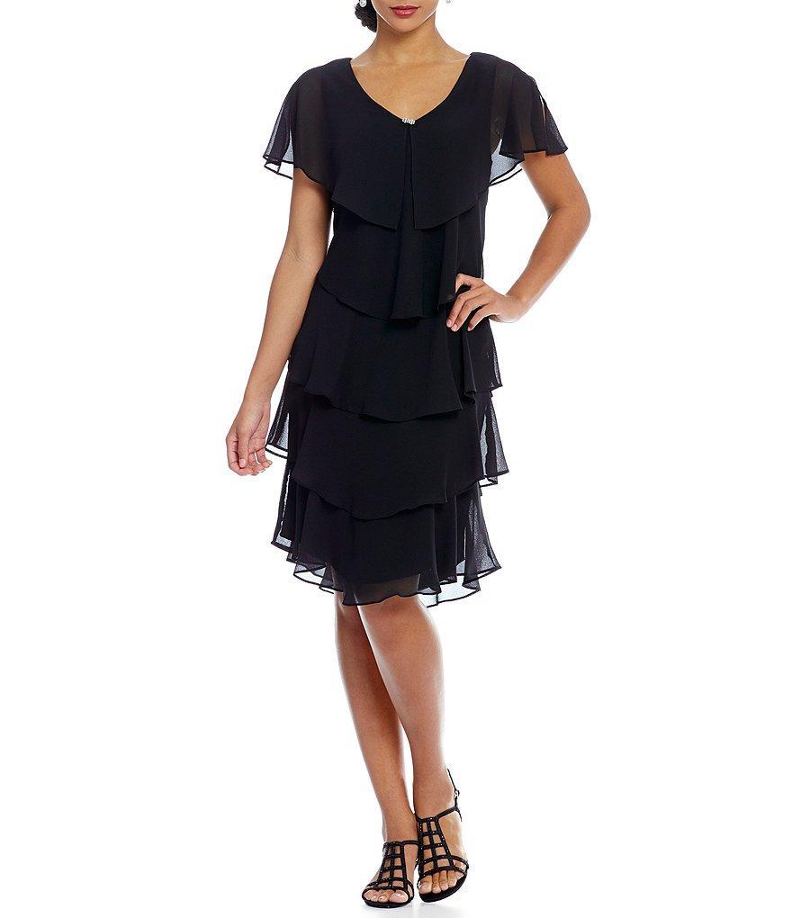 Ignite Evenings Jewel V-Neck Short Sleeve Georgette Tiered Capelet Shift Dress Product Image