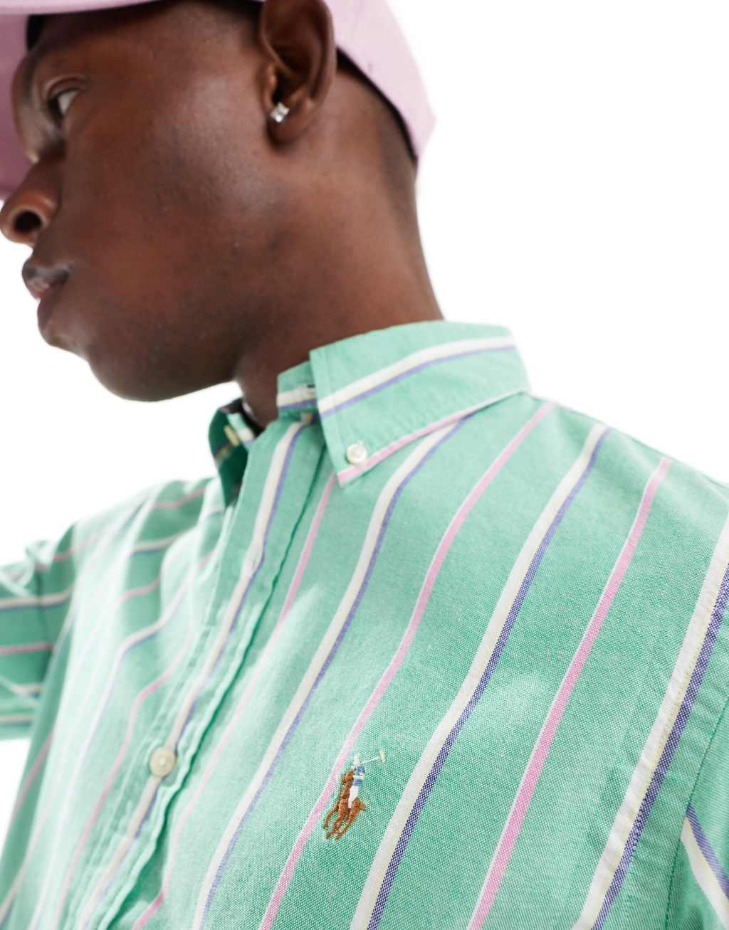 Polo Ralph Lauren icon logo stripe oxford shirt in green/pink Product Image