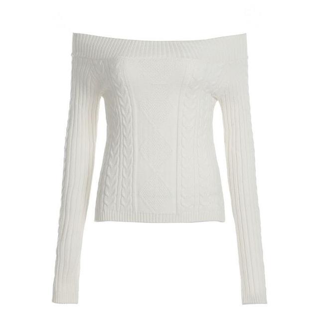 Off Shoulder Plain Cable Knit Cropped Sweater Product Image