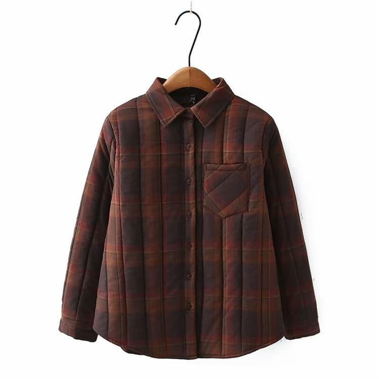 Plus Size Collar Plaid Pocket Detail Quilted Button Jacket Product Image