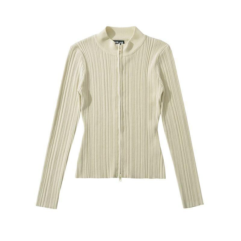 Long-Sleeve Plain Ribbed Zip-Up Knit Top Product Image