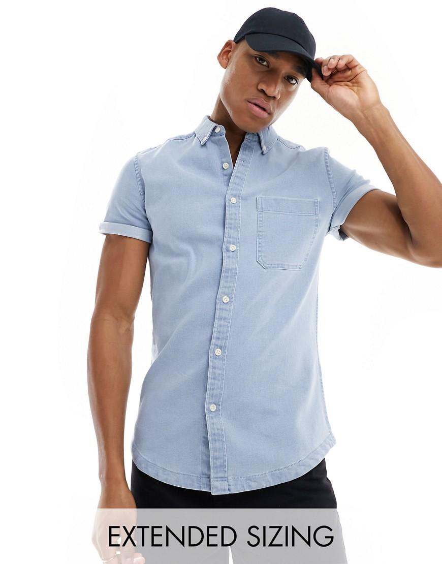 ASOS DESIGN slim roll sleeve denim shirt with button down collar Product Image